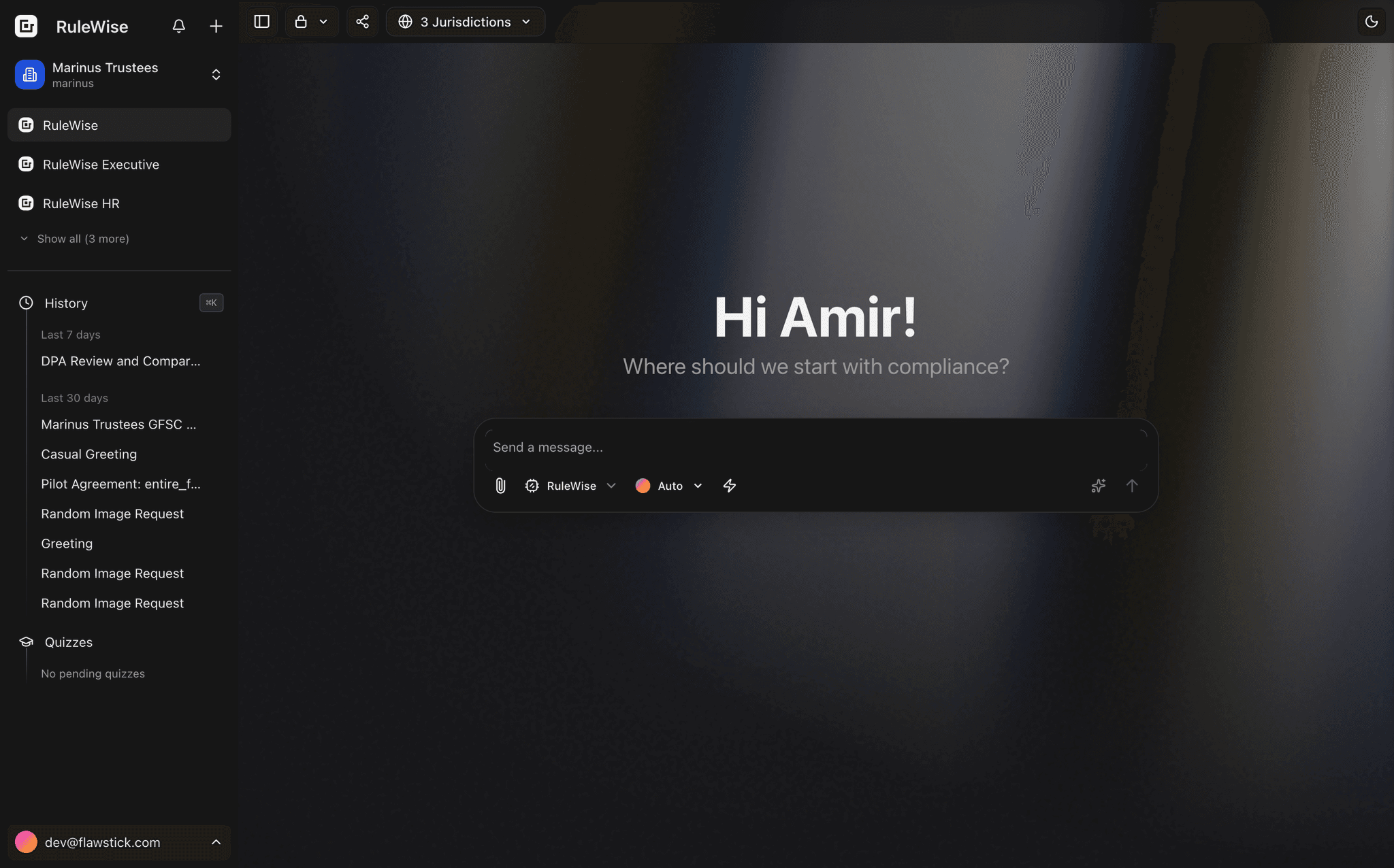 Amoreg compliance dashboard preview (dark mode)